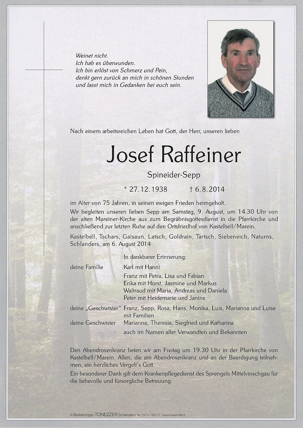 Josef Raffeiner Aus Kastelbell Tschars TrauerHilfe It Das