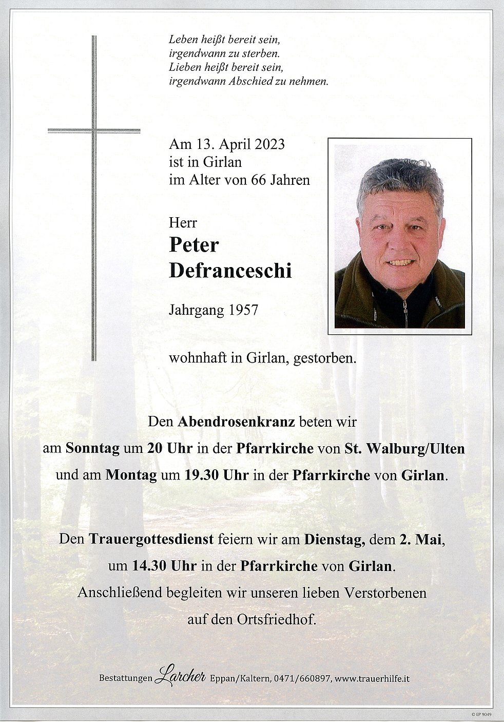 Peter Defranceschi Aus Eppan A D W Trauerhilfe It Das S Dtiroler