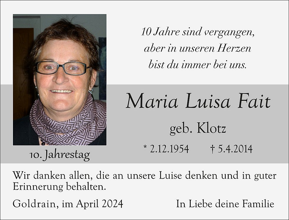 Maria Luisa Fait aus Latsch TrauerHilfe it das Südtiroler Gedenkportal