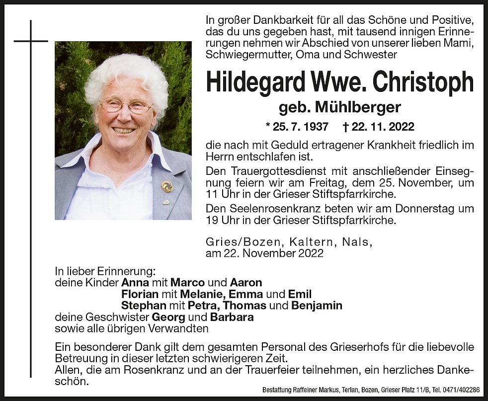 Hildegard Wwe Christoph aus Bozen TrauerHilfe it das Südtiroler