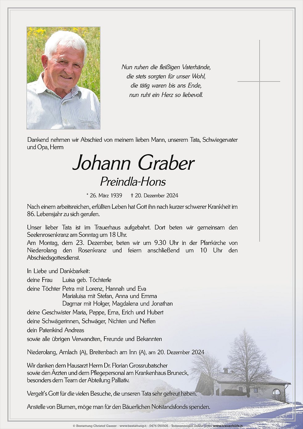 Johann Graber Aus Olang Trauerhilfe It Das S Dtiroler Gedenkportal