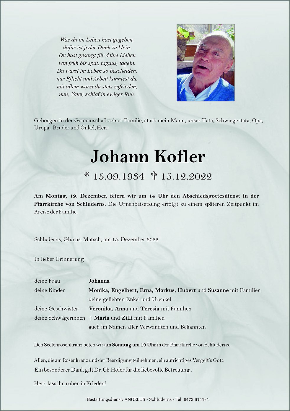 Johann Kofler aus Schluderns TrauerHilfe it das Südtiroler Gedenkportal