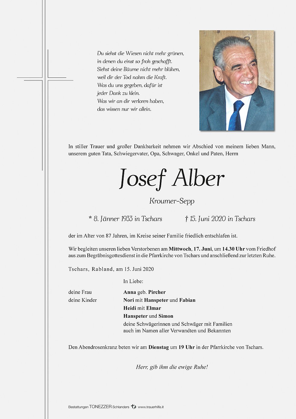 Josef Alber Aus Kastelbell Tschars Trauerhilfe It Das S Dtiroler