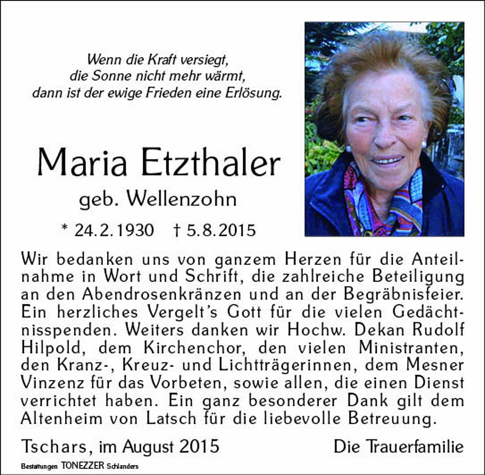 Maria Etzthaler Aus Kastelbell Tschars Trauerhilfe It Das