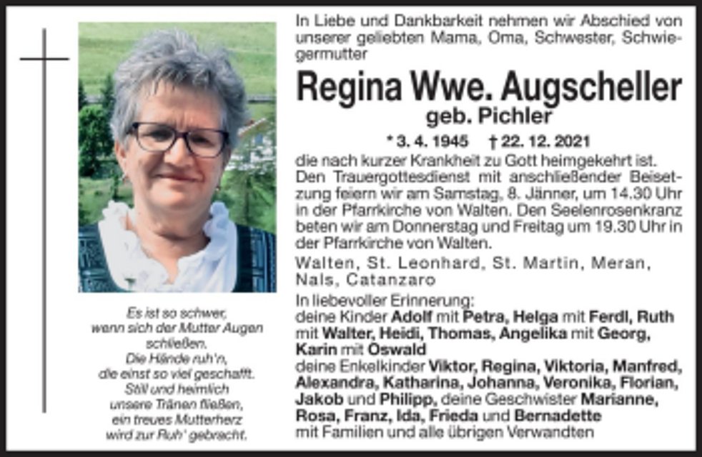 Regina Wwe Augscheller Aus St Leonhard I P Trauerhilfe It Das