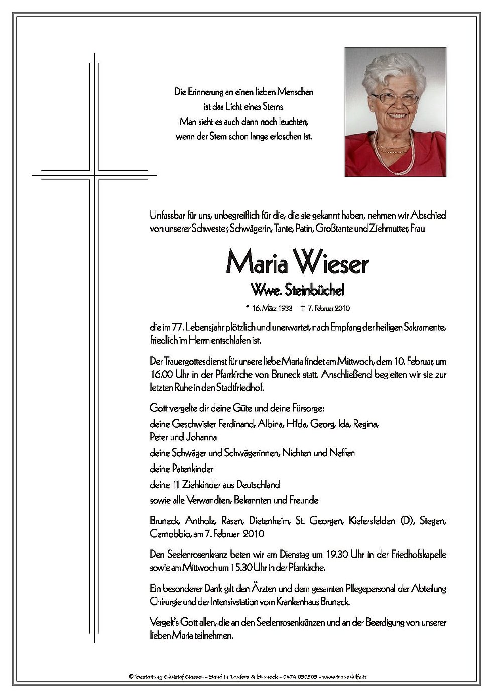 Maria Wieser Aus Bruneck Trauerhilfe It Das S Dtiroler Gedenkportal