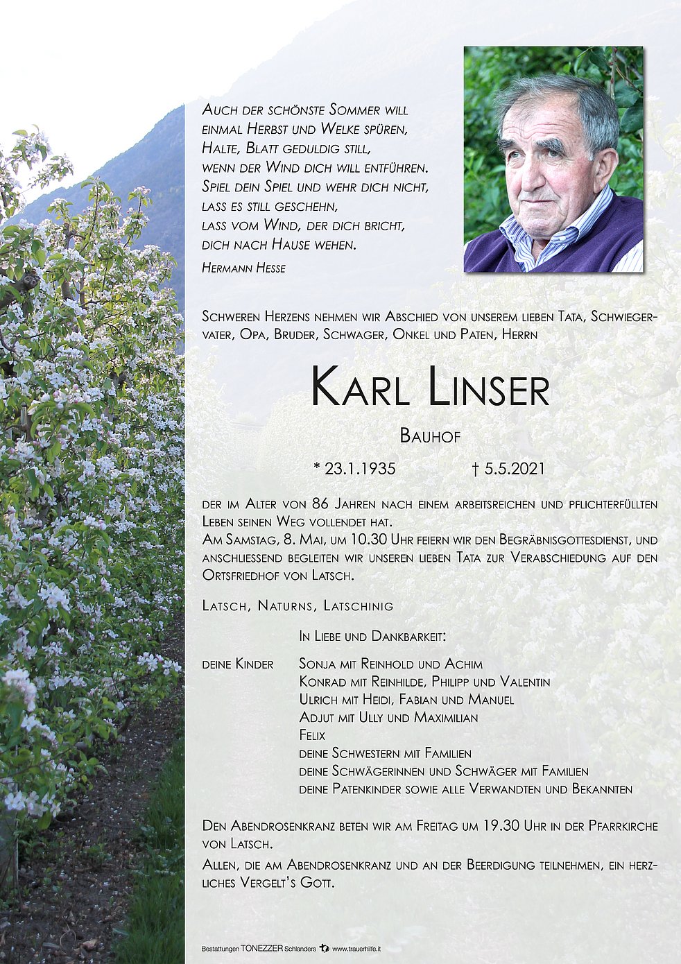 Karl Linser Aus Latsch Trauerhilfe It Das S Dtiroler Gedenkportal