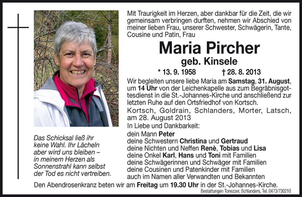 Maria Pircher Aus Schlanders Trauerhilfe It Das S Dtiroler Gedenkportal