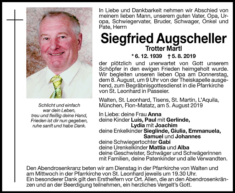 Siegfried Augscheller Aus St Leonhard I P TrauerHilfe It Das