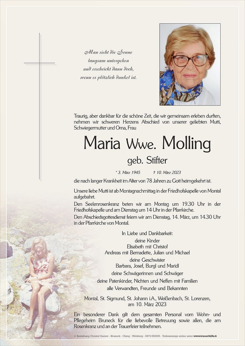 Maria Wwe Molling aus St Lorenzen TrauerHilfe it das Südtiroler