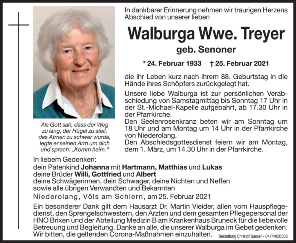 Walburga Wwe Treyer Aus Olang Trauerhilfe It Das S Dtiroler