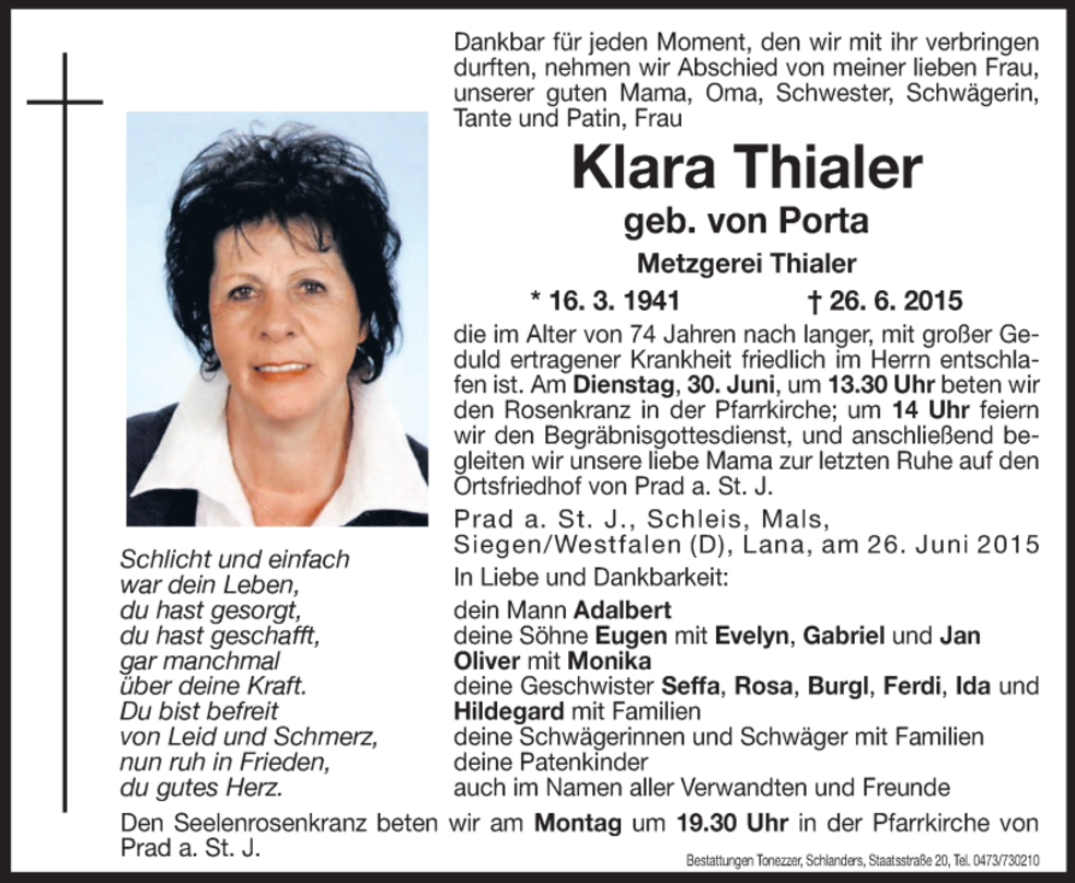 Klara Thialer Aus Prad Am Stilfserjoch TrauerHilfe It Das