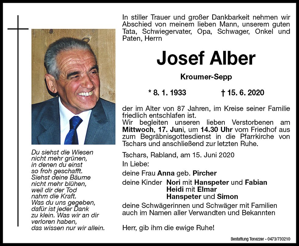 Josef Alber Aus Kastelbell Tschars Trauerhilfe It Das S Dtiroler