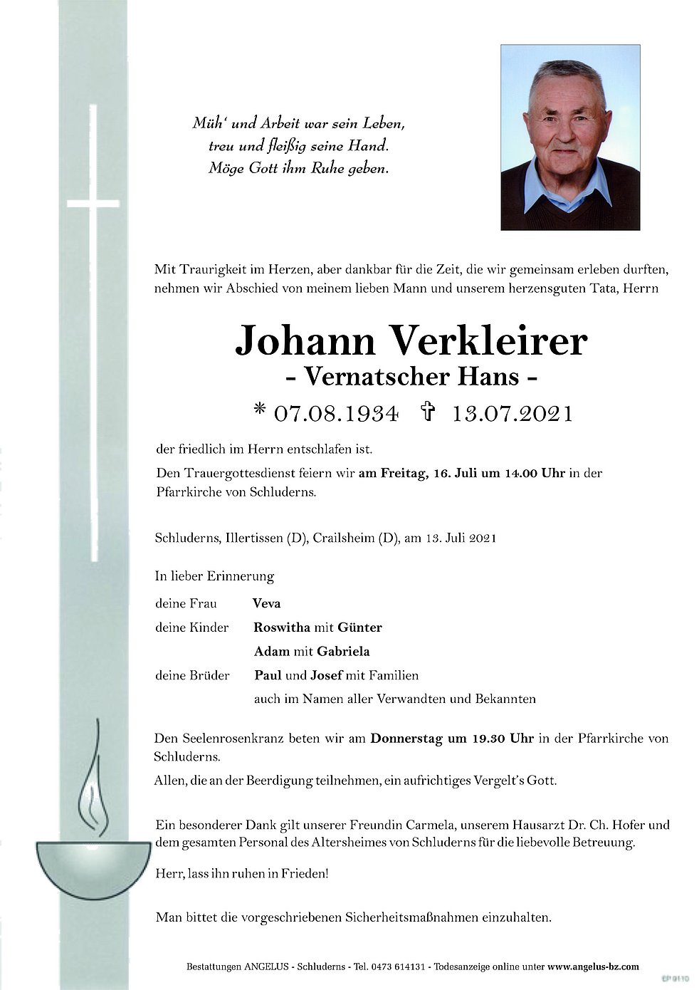 Johann Verkleirer aus Schluderns TrauerHilfe it das Südtiroler