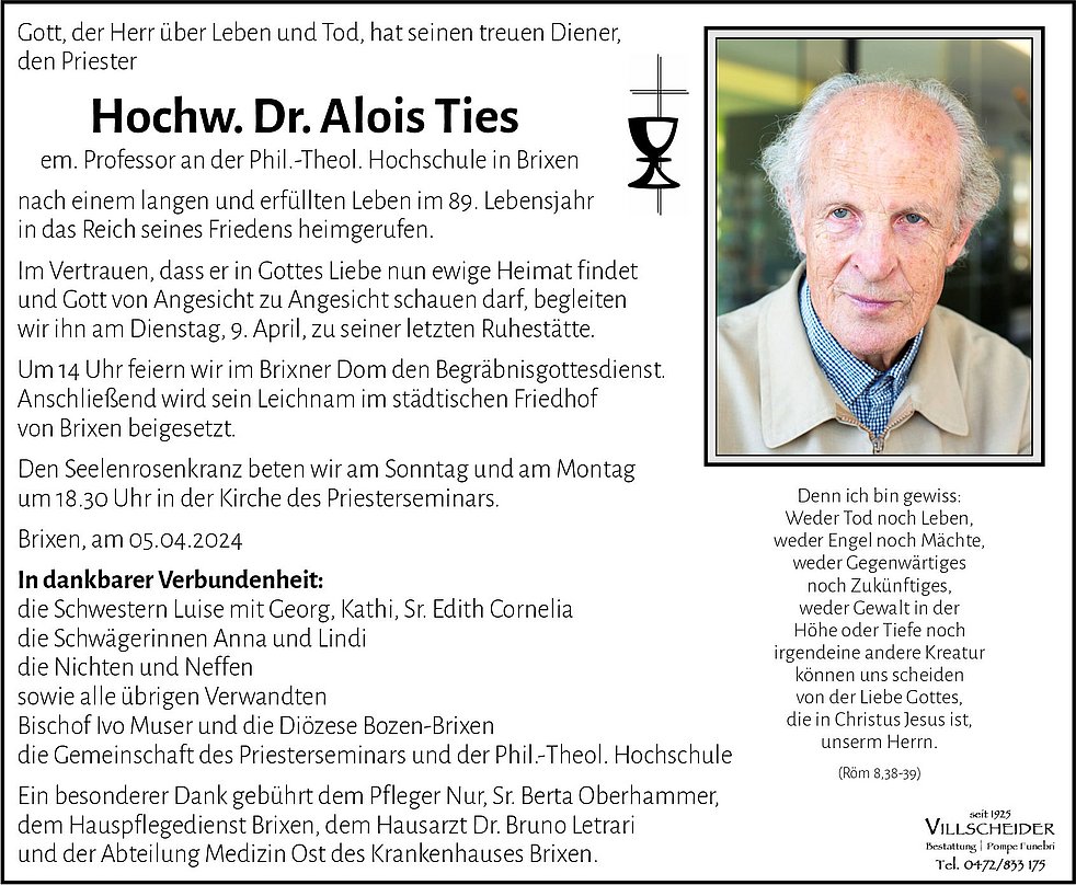 Hochw Dr Alois Ties aus Brixen TrauerHilfe it das Südtiroler