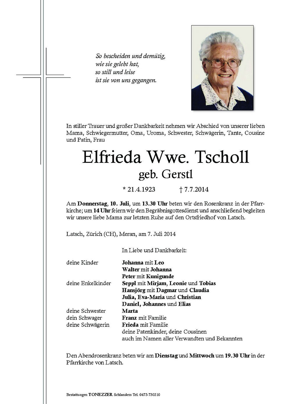 Elfrieda Wwe Tscholl Aus Latsch Trauerhilfe It Das S Dtiroler