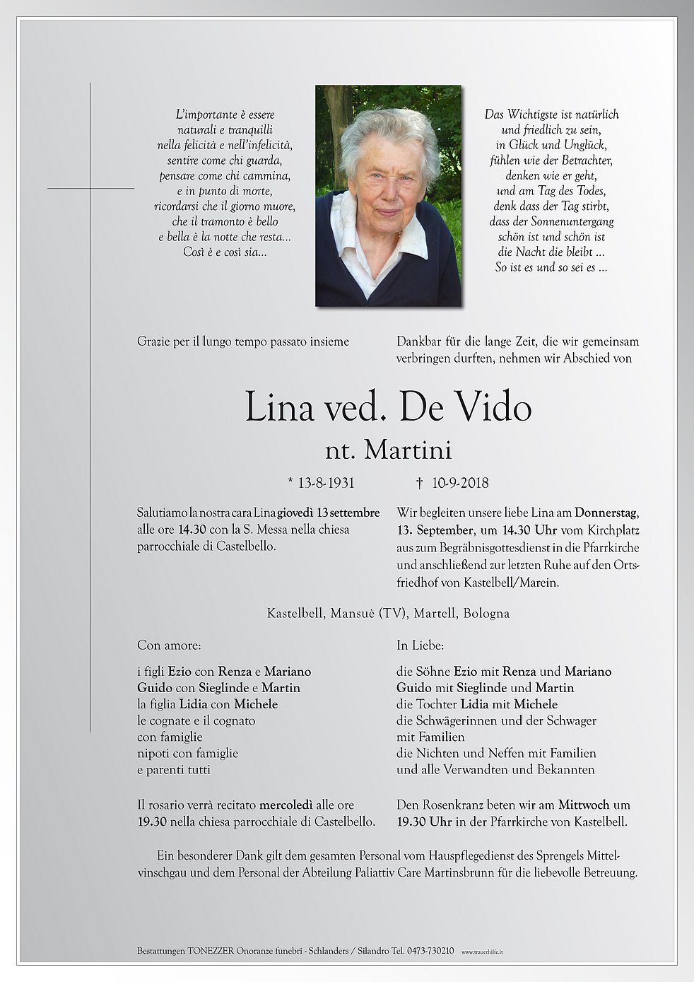 Lina Wwe De Vido Aus Kastelbell Tschars Trauerhilfeit Das Südtiroler Gedenkportal 