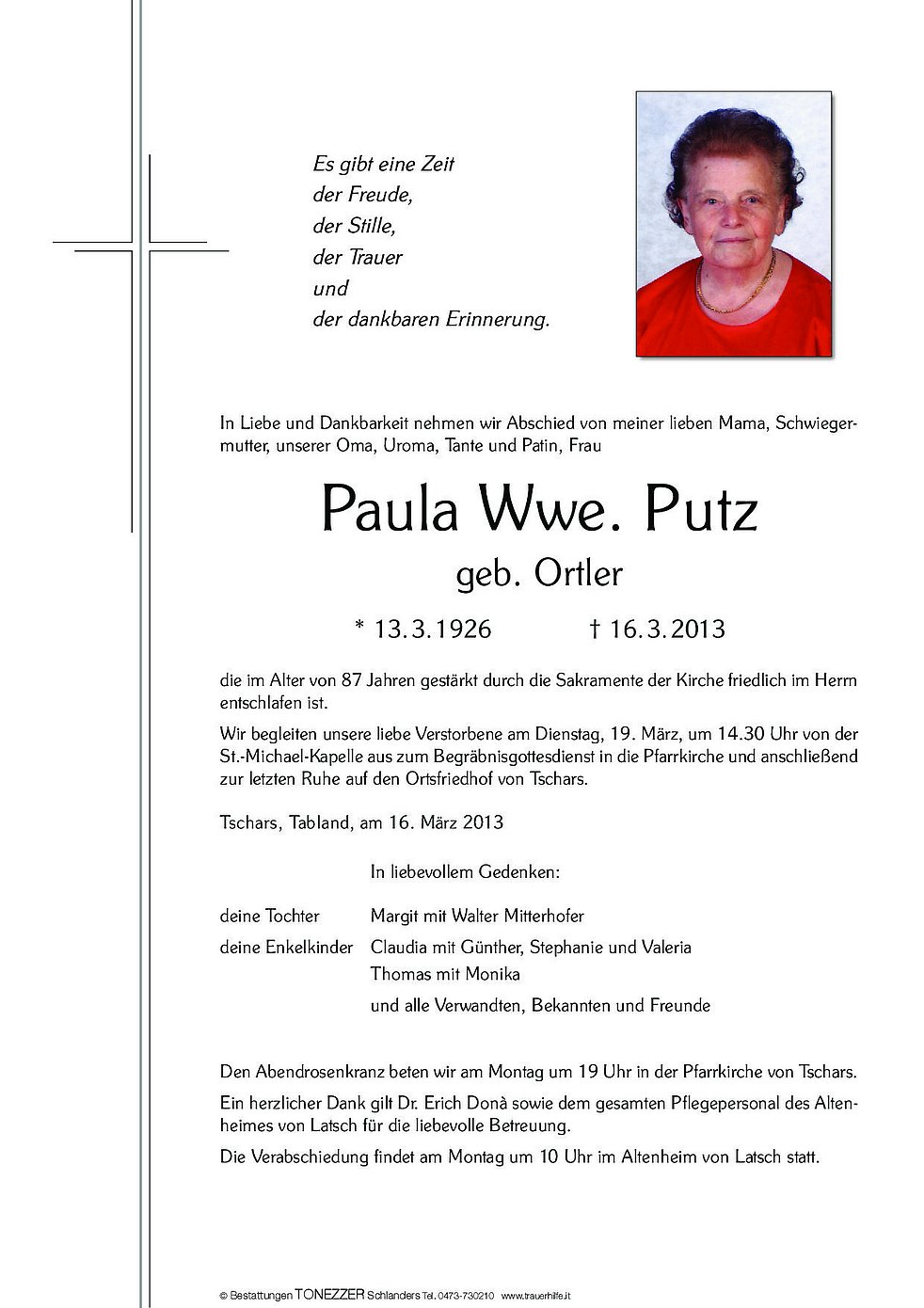Paula Wwe Putz Aus Kastelbell Tschars Trauerhilfeit Das Südtiroler Gedenkportal 
