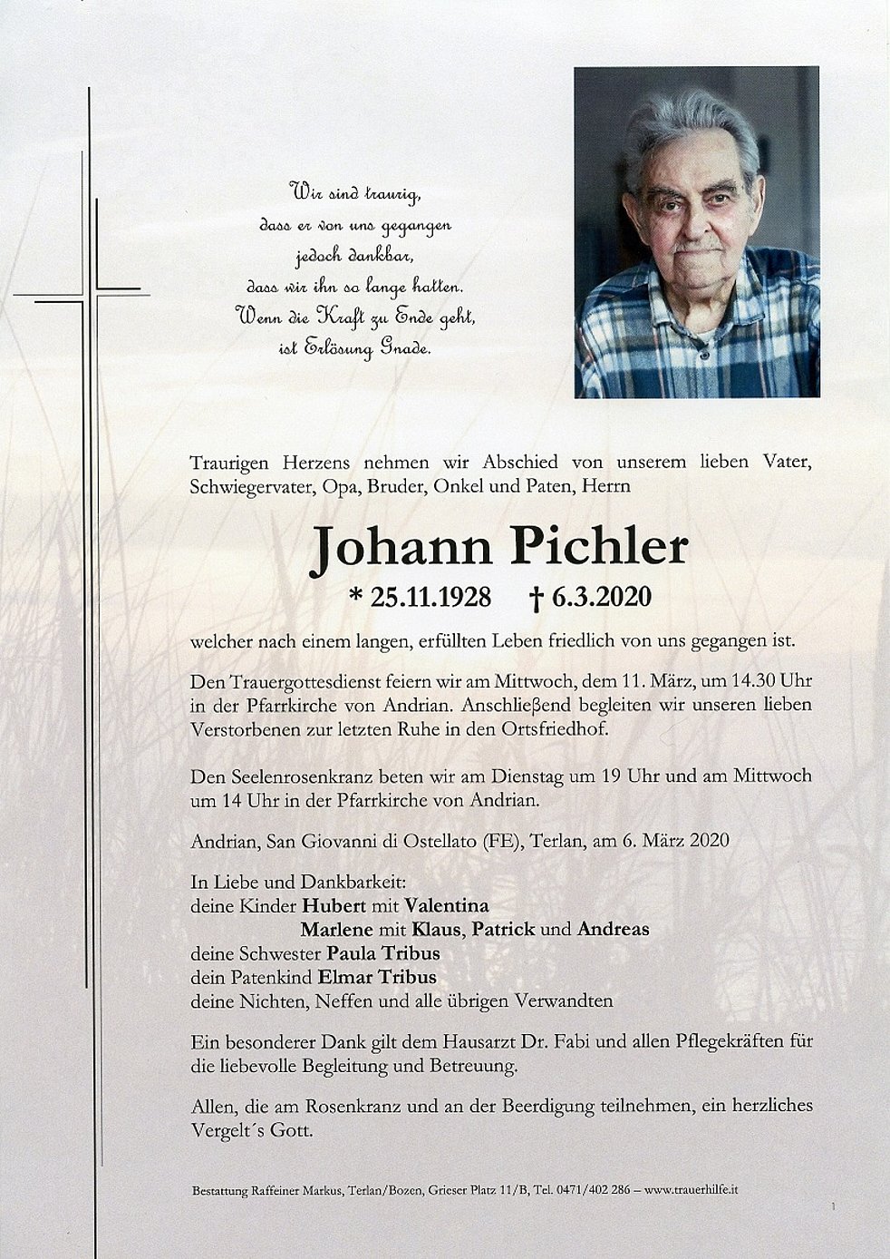 Johann Pichler Aus Andrian Trauerhilfeit Das Südtiroler Gedenkportal 