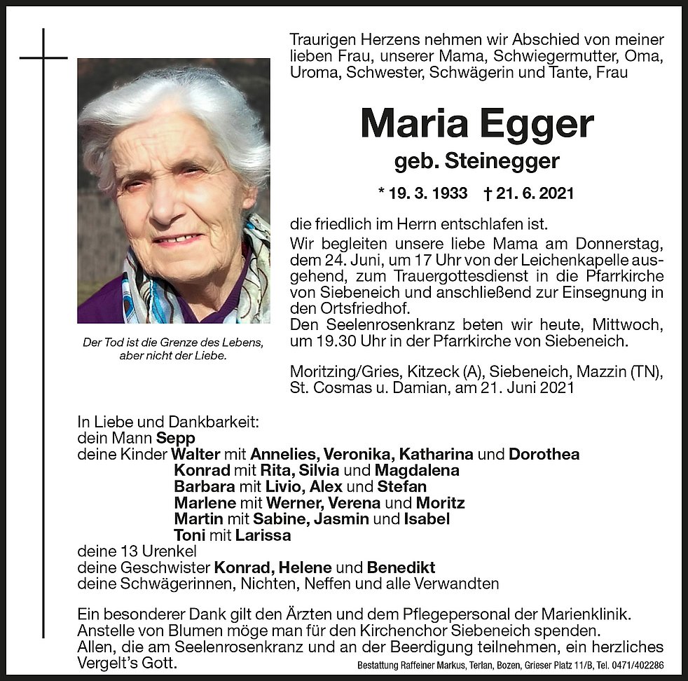 Maria Egger aus Bozen - TrauerHilfe.it - das Südtiroler Gedenkportal