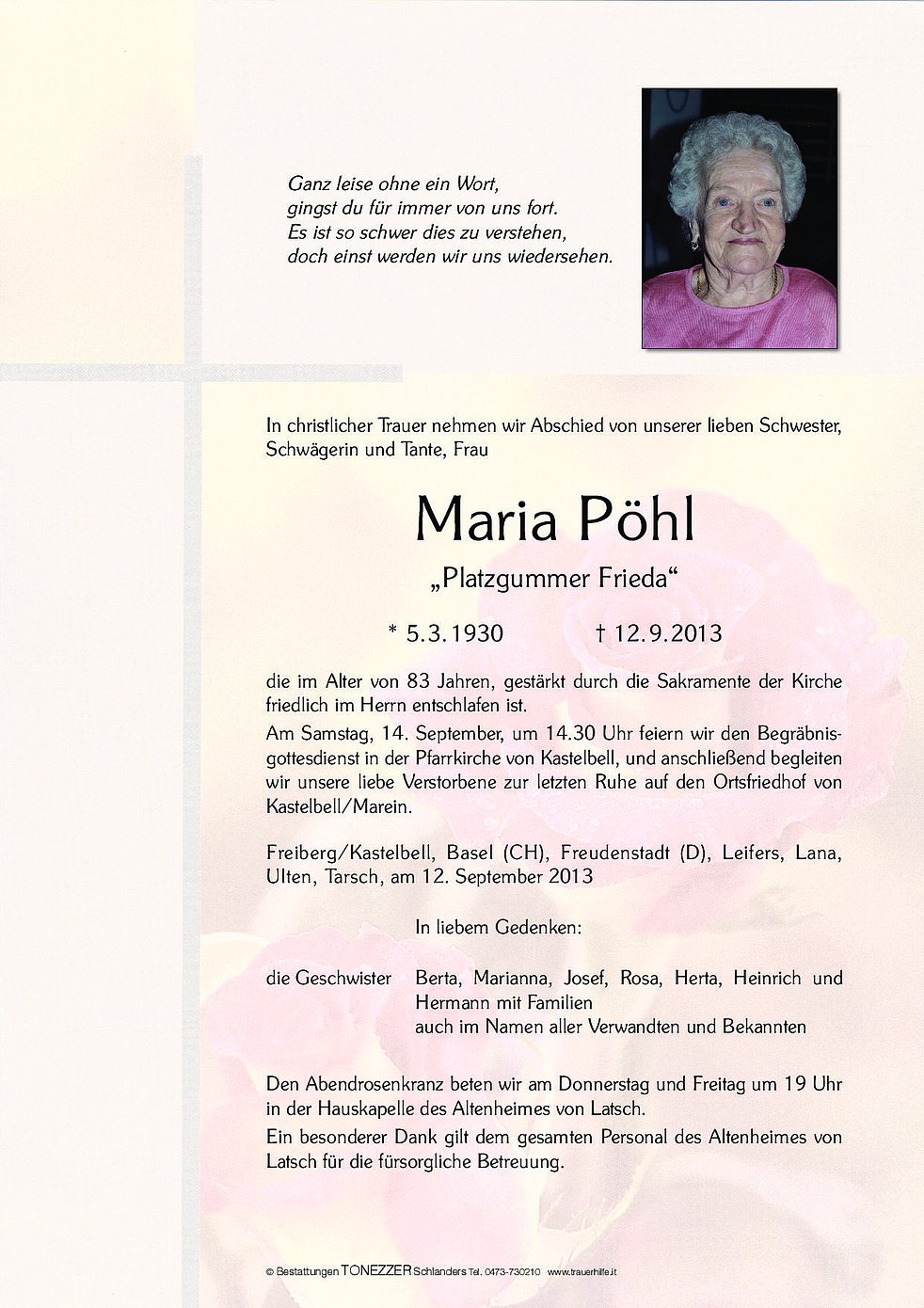 Maria Pöhl Aus Kastelbell Tschars Trauerhilfeit Das Südtiroler Gedenkportal 