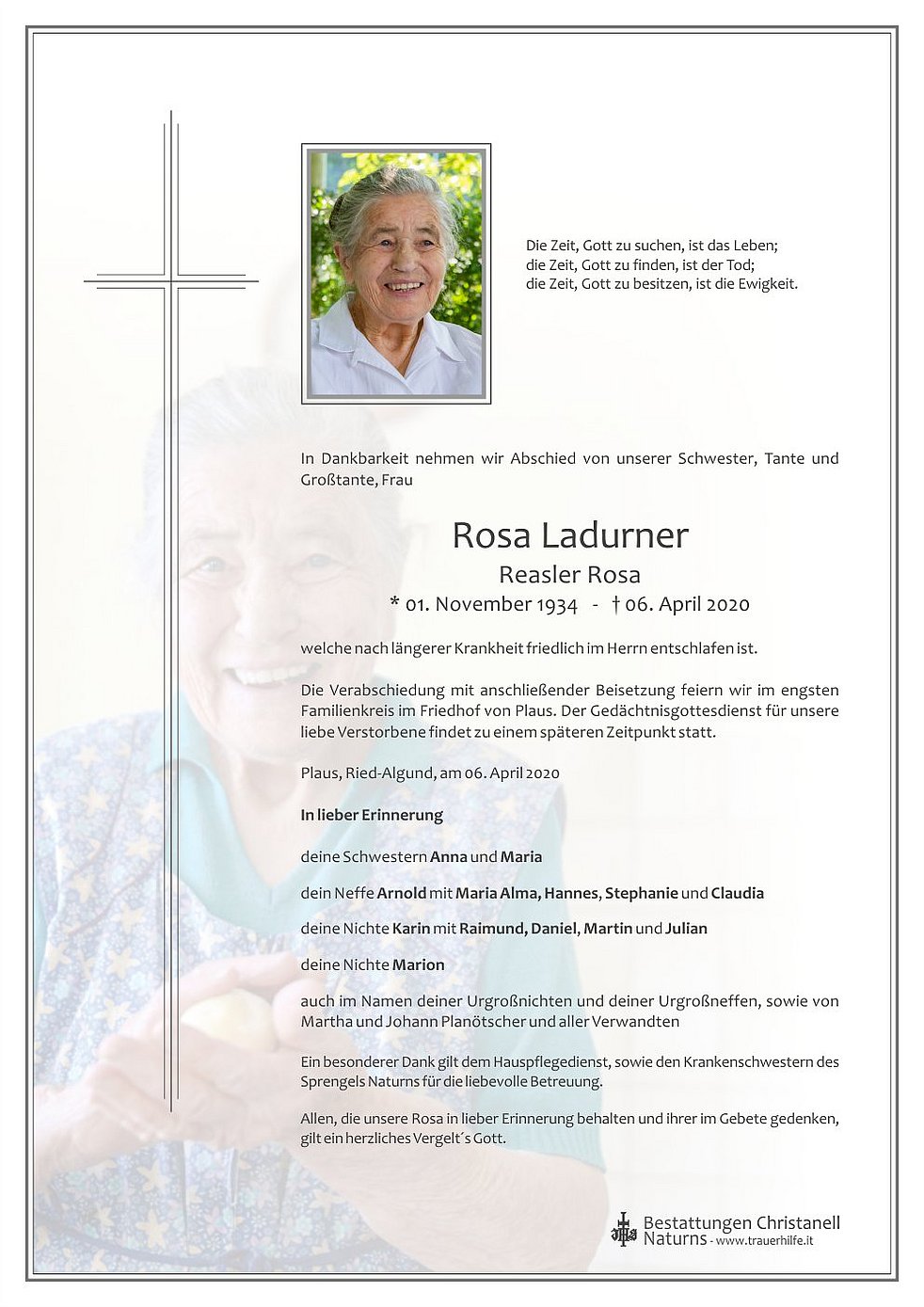 Rosa Ladurner Aus Plaus - TrauerHilfe.it - Das Südtiroler Gedenkportal