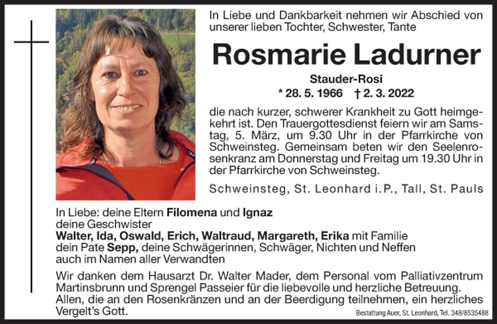 Rosmarie Ladurner Aus St. Leonhard I. P. - TrauerHilfe.it - Das ...