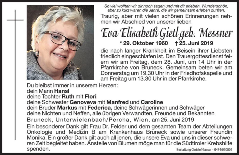 Eva Elisabeth Gietl Aus Bruneck Trauerhilfeit Das Südtiroler Gedenkportal 