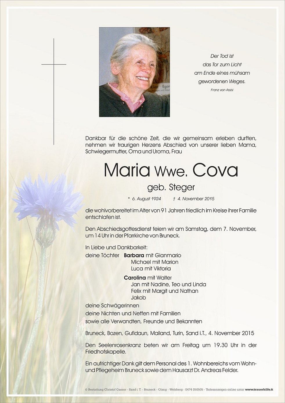 Maria Wwe Cova Aus Bruneck Trauerhilfeit Das Südtiroler Gedenkportal 