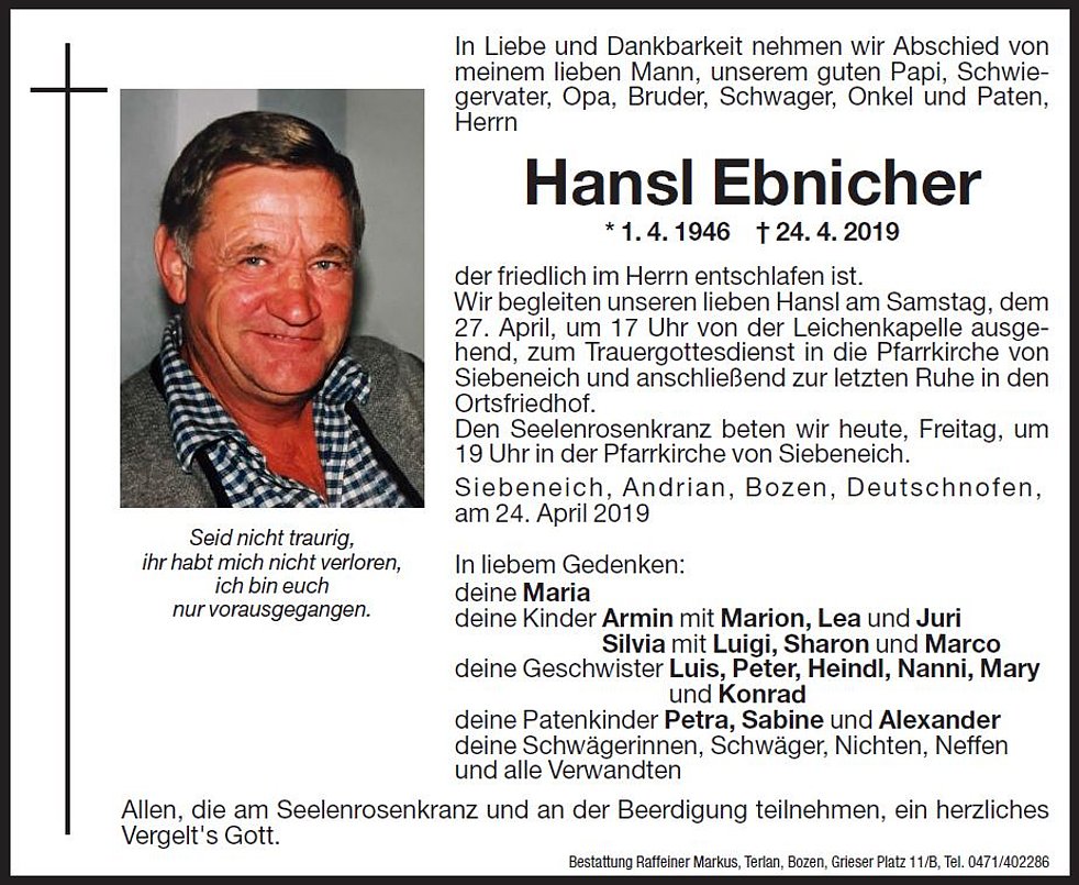 Hansl Ebnicher Aus Andrian Trauerhilfeit Das Südtiroler Gedenkportal 