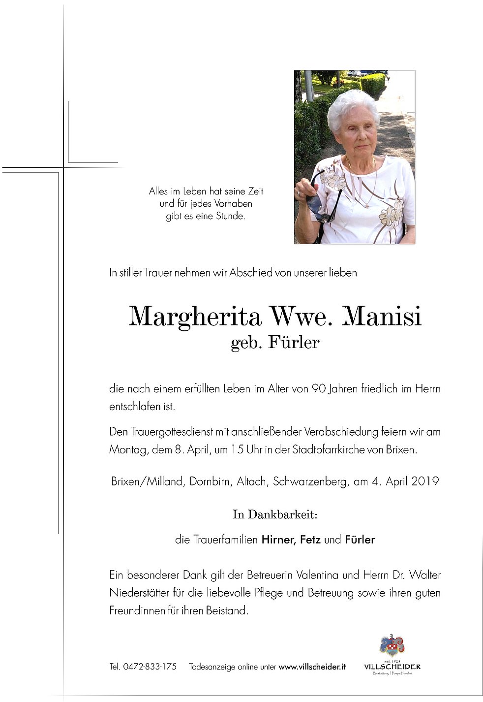 Margherita Anna Wwe Manisi Aus Brixen Trauerhilfeit Das Südtiroler Gedenkportal 