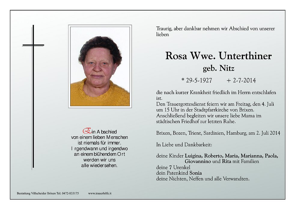 Rosa Wwe Unterthiner Aus Brixen Trauerhilfeit Das Südtiroler Gedenkportal 