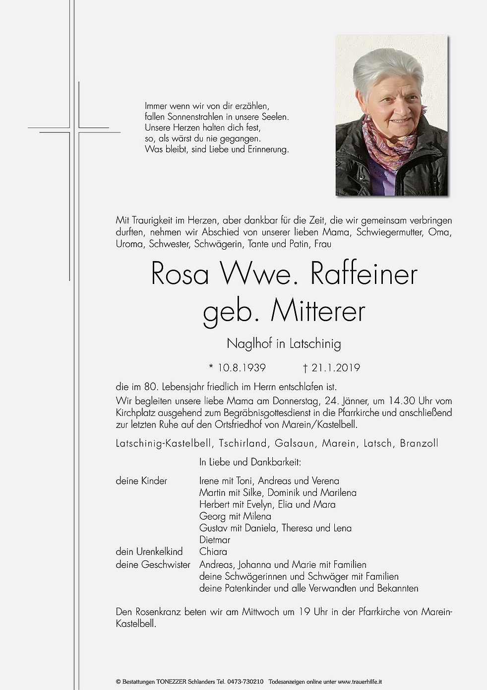 Rosa Wwe Raffeiner Aus Kastelbell Tschars Trauerhilfeit Das Südtiroler Gedenkportal 