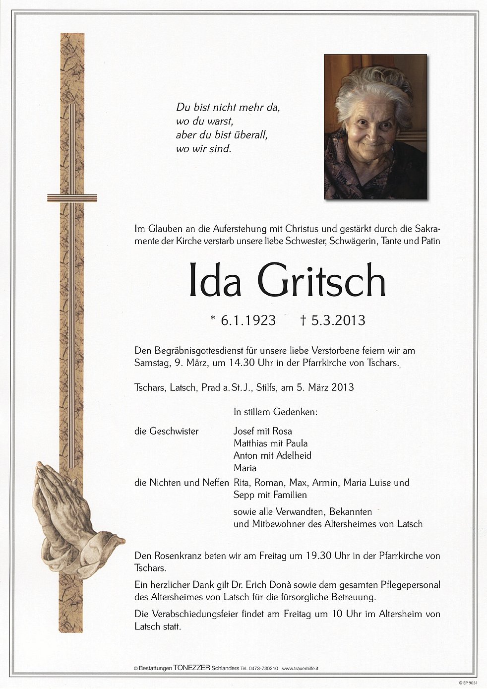 Ida Gritsch Aus Kastelbell Tschars Trauerhilfeit Das Südtiroler Gedenkportal 
