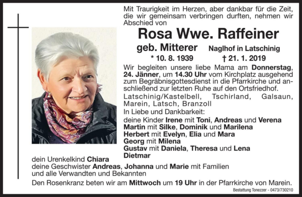Rosa Wwe Raffeiner Aus Kastelbell Tschars Trauerhilfeit Das Südtiroler Gedenkportal 