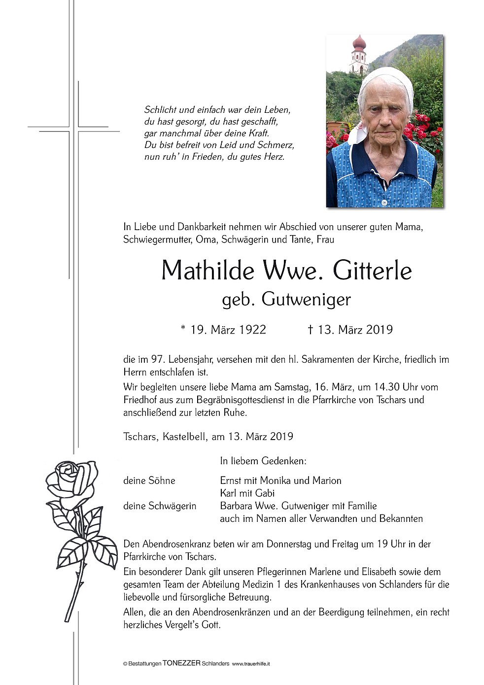 Mathilde Wwe Gitterle Aus Kastelbell Tschars Trauerhilfeit Das Südtiroler Gedenkportal 