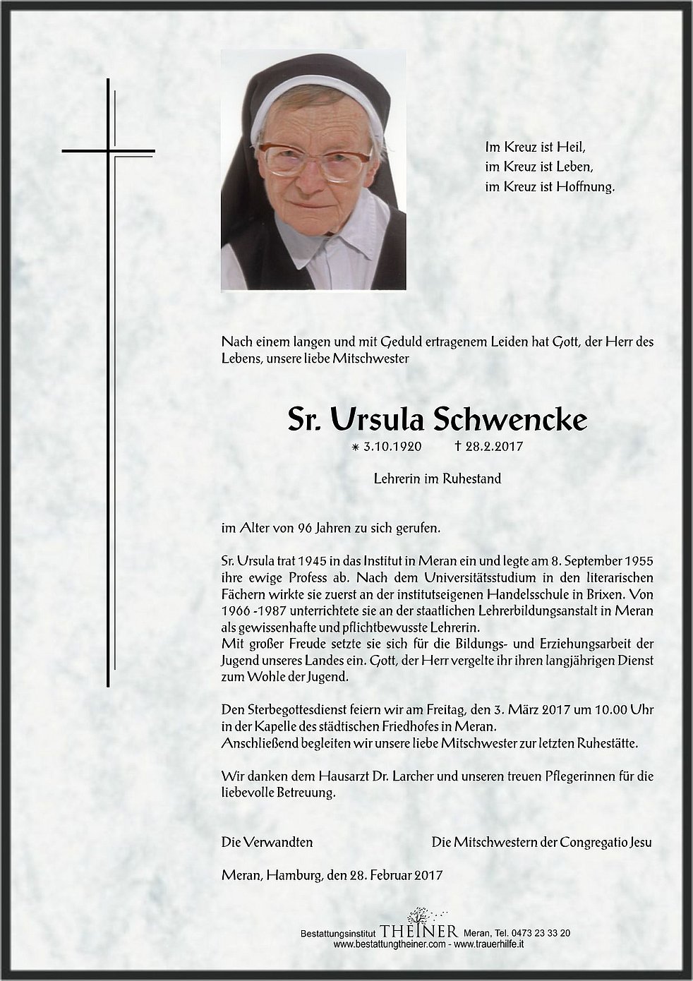 Sr Ursula Schwencke Aus Meran Trauerhilfeit Das Südtiroler Gedenkportal 