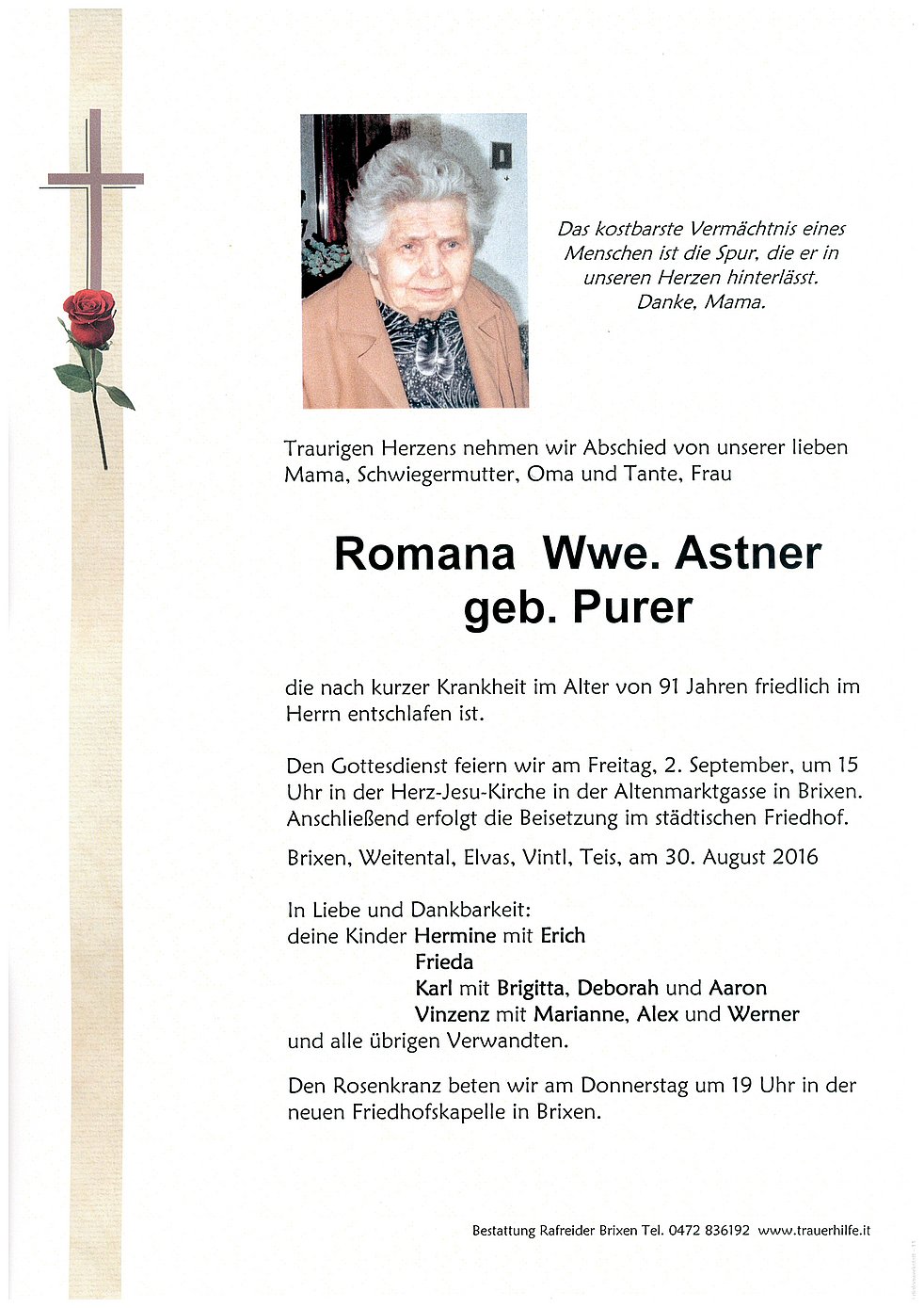Romana Wwe Astner Aus Brixen Trauerhilfeit Das Südtiroler Gedenkportal 