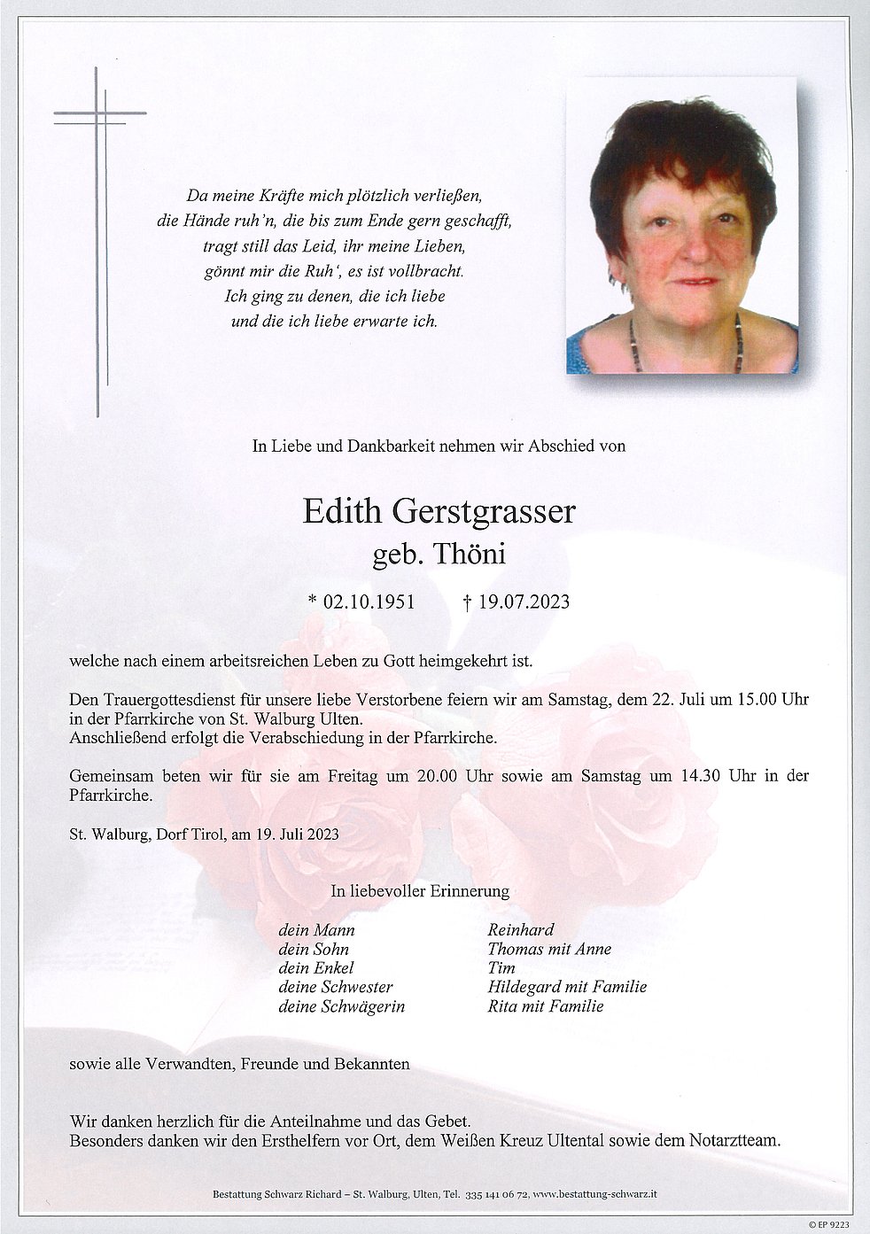 Edith Gerstgrasser aus Ulten - TrauerHilfe.it - das Südtiroler Gedenkportal