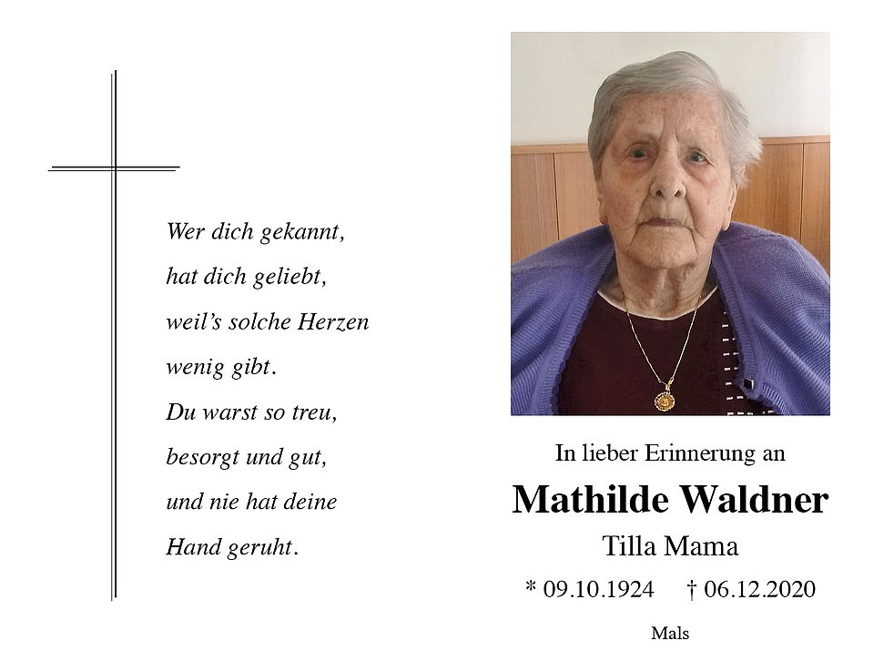 Mathilde Waldner Aus Mals - TrauerHilfe.it - Das Südtiroler Gedenkportal