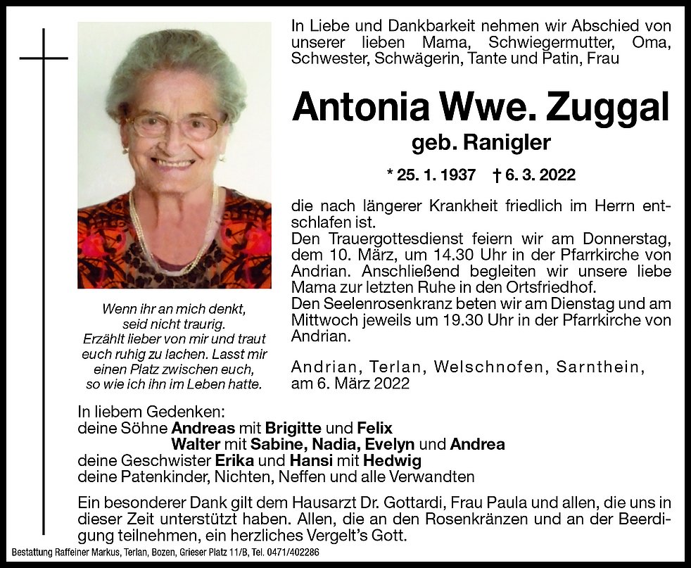 Antonia Wwe Zuggal Aus Andrian Trauerhilfeit Das Südtiroler Gedenkportal 