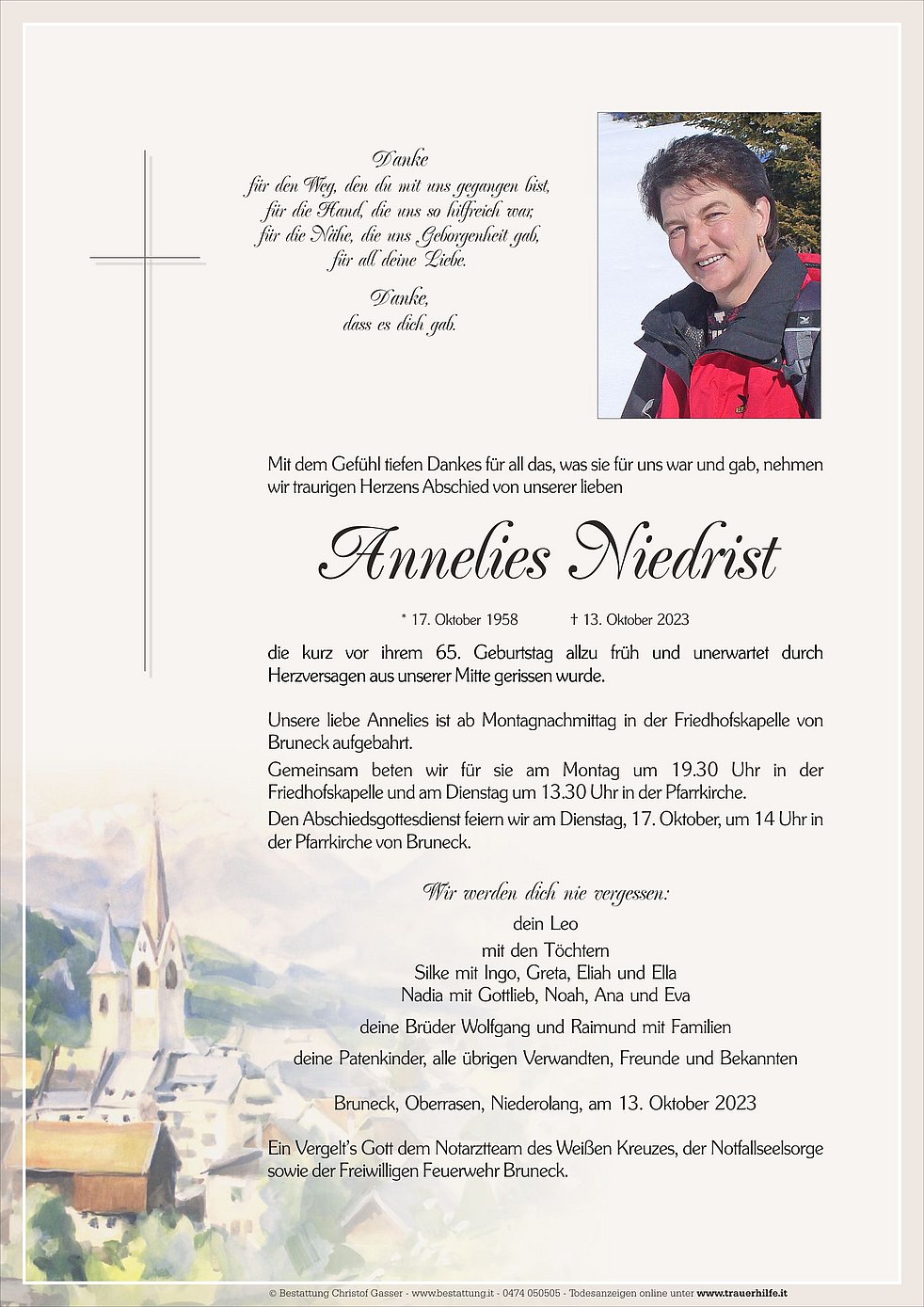 Annelies Niedrist Aus Bruneck Trauerhilfeit Das Südtiroler Gedenkportal 