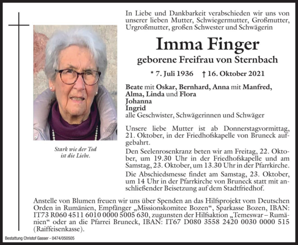 Imma Finger Aus Bruneck Trauerhilfeit Das Südtiroler Gedenkportal 