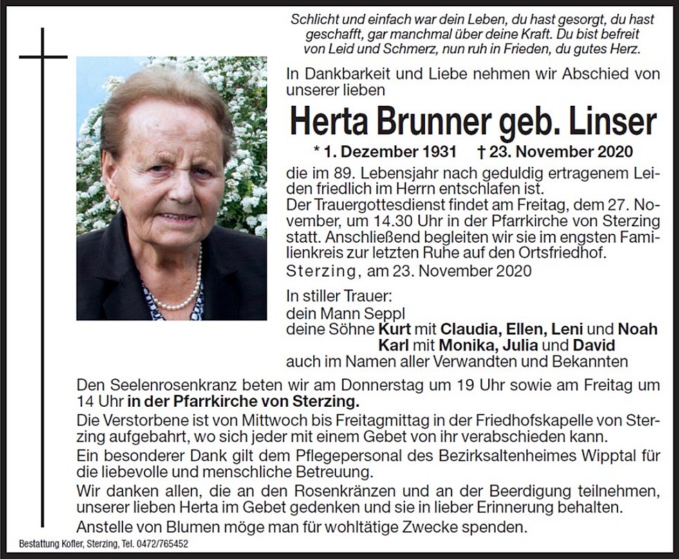 Herta Brunner aus Sterzing - TrauerHilfe.it - das Südtiroler Gedenkportal