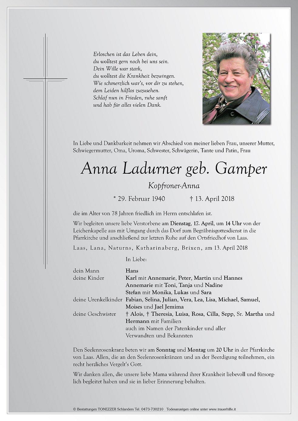 Anna Ladurner Aus Laas - TrauerHilfe.it - Das Südtiroler Gedenkportal