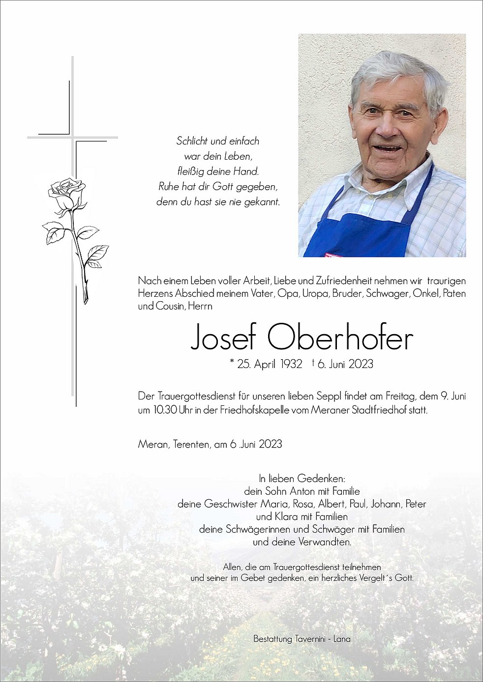 Josef Oberhofer aus Meran - TrauerHilfe.it - das Südtiroler Gedenkportal