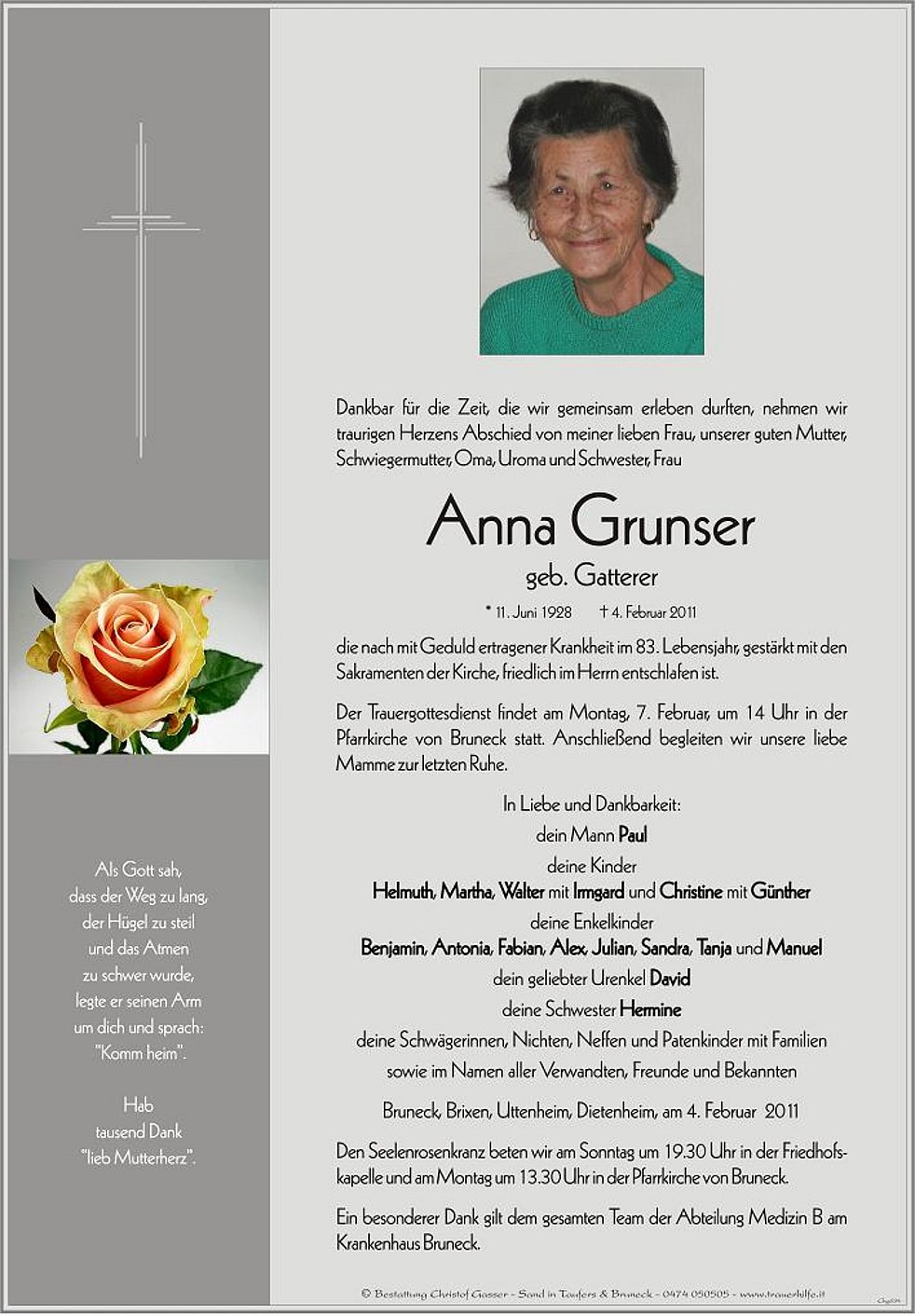 Anna Grunser Aus Bruneck Trauerhilfeit Das Südtiroler Gedenkportal 