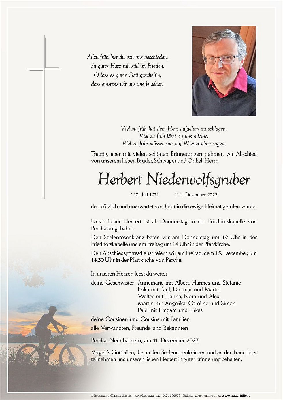 Herbert Niederwolfsgruber Aus Percha - TrauerHilfe.it - Das Südtiroler ...