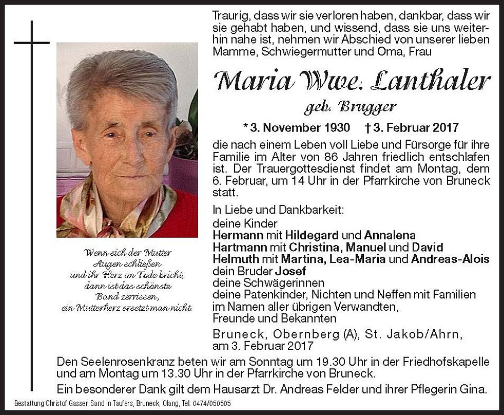 Maria Wwe Lanthaler Aus Bruneck Trauerhilfeit Das Südtiroler Gedenkportal 