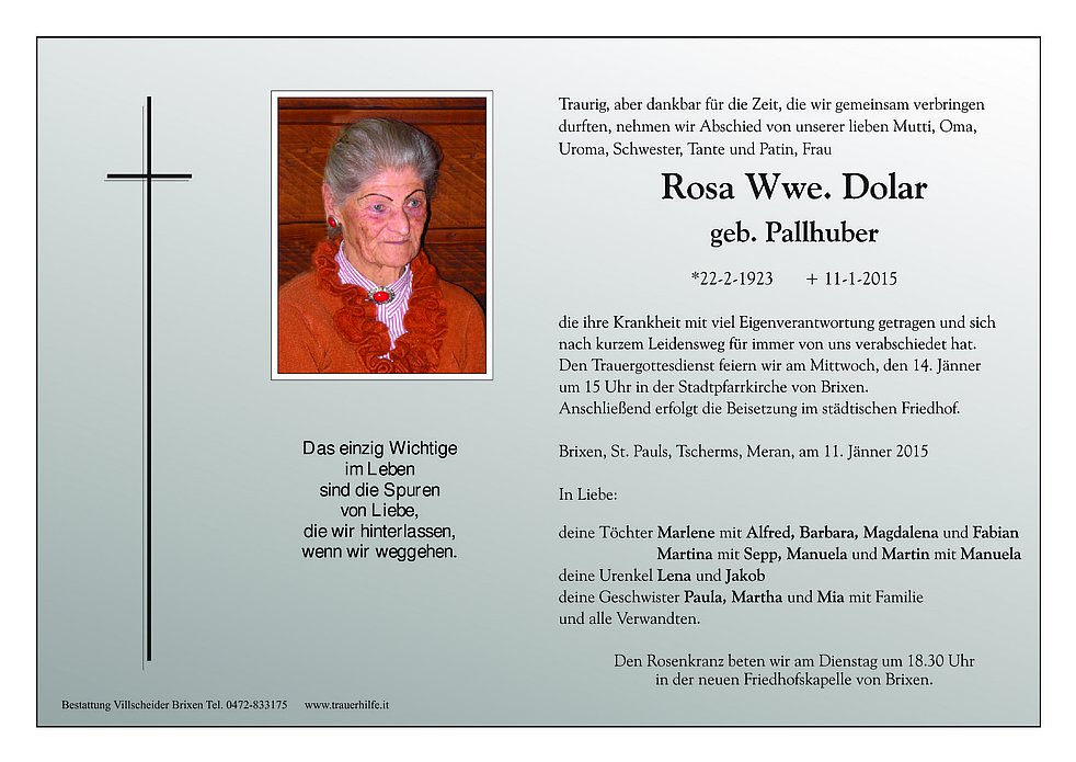 Rosa Wwe Dolar Aus Brixen Trauerhilfeit Das Südtiroler Gedenkportal 